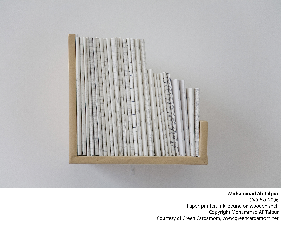 Mohammad Ali Talpur
<br><em>Untitled</em>, 2006
<br>Paper, printer ink, bound on wooden shelf
<br>ARTSingapore: Art Connoisseurs and Collectors
<br>Green Cardamom Gallery
<br>Presented by Hamad Nasar
