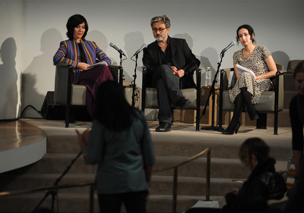 Leeza Ahmady and Mariam Ghani in conversation with Barmak Akram<br>
Solomon R. Guggenheim Museum. Photo: Enid Alvarez