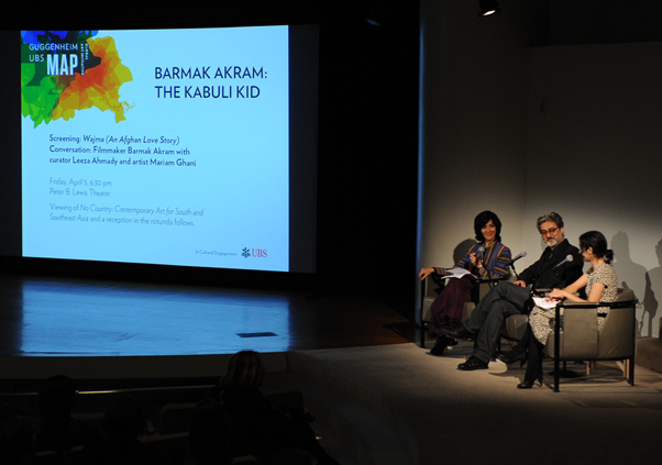 Leeza Ahmady and Mariam Ghani in conversation with Barmak Akram<br>
Solomon R. Guggenheim Museum. Photo: Enid Alvarez